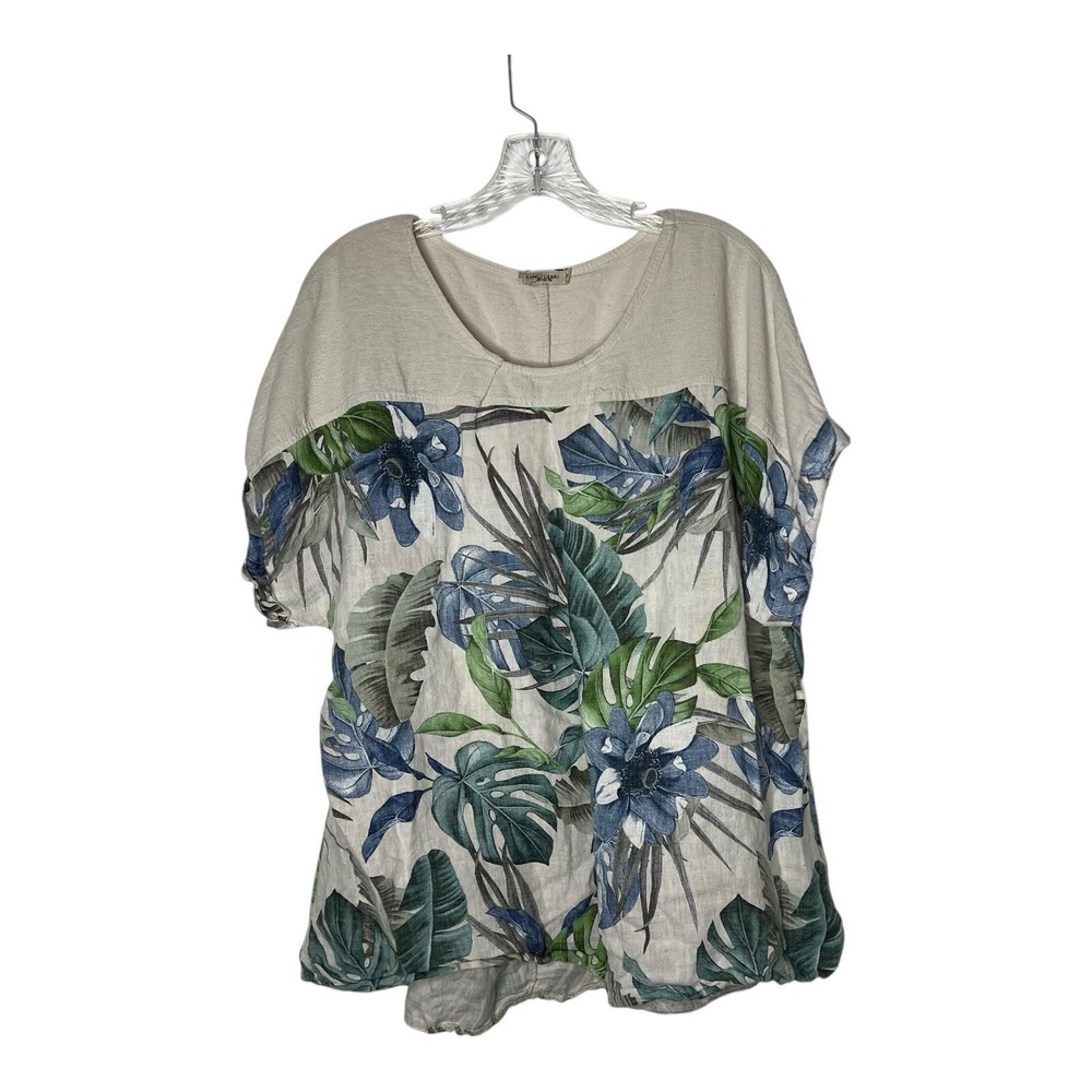 Lungo L'Arno Linen Top Womens 1X Beige Tropical Short Sleeve Lagenlook Vacation